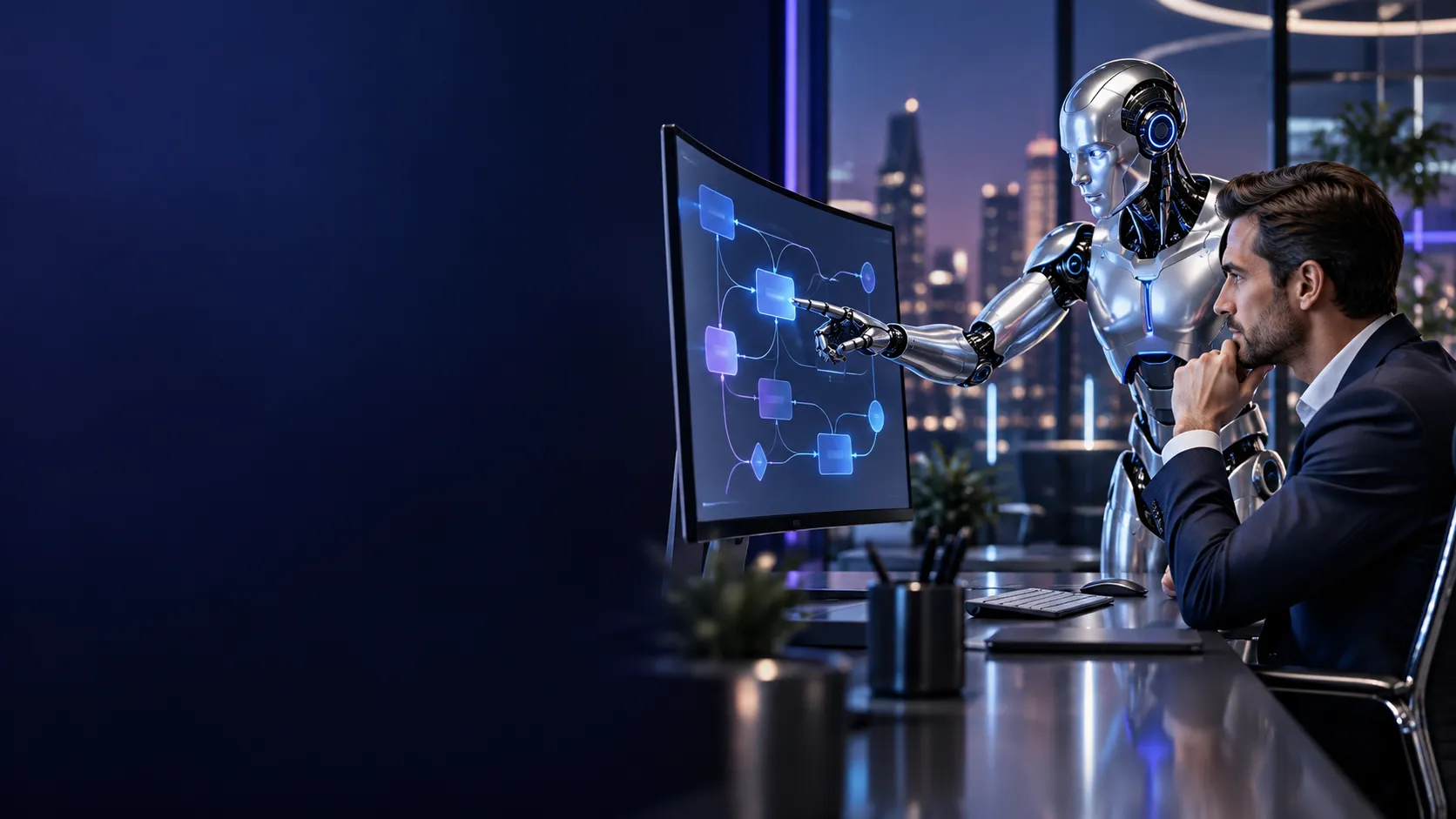 Professional working alongside a humanoid AI assistant