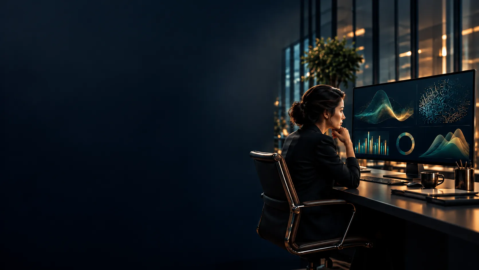 Analyst reviewing data visualisations at night