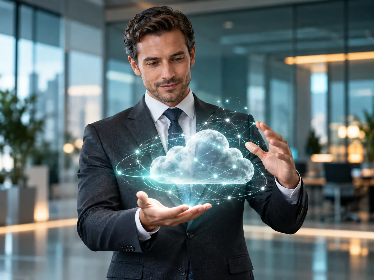 Professional holding a glowing cloud network