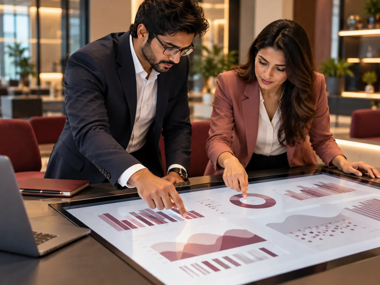 Analysts reviewing data charts on a touch table