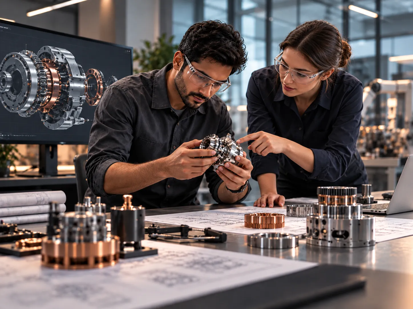 Engineers assembling precision mechanical parts