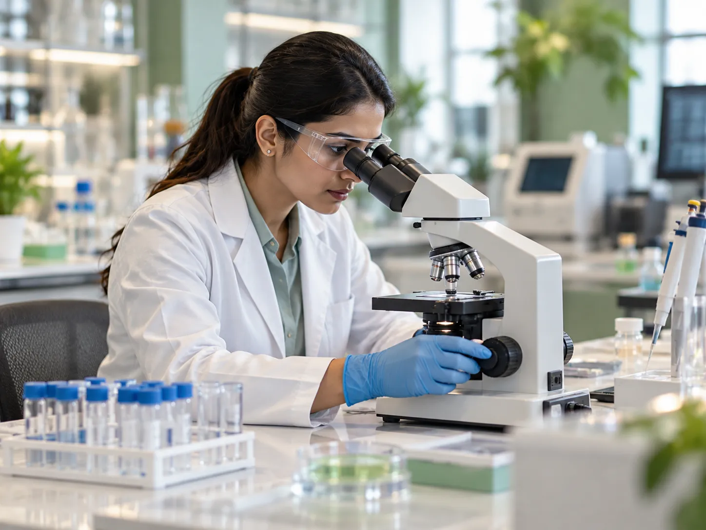 Scientist using a microscope in a laboratory