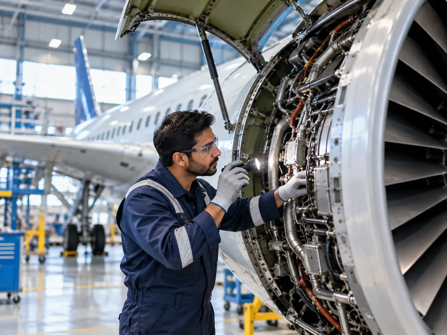 Technician servicing an aircraft engine