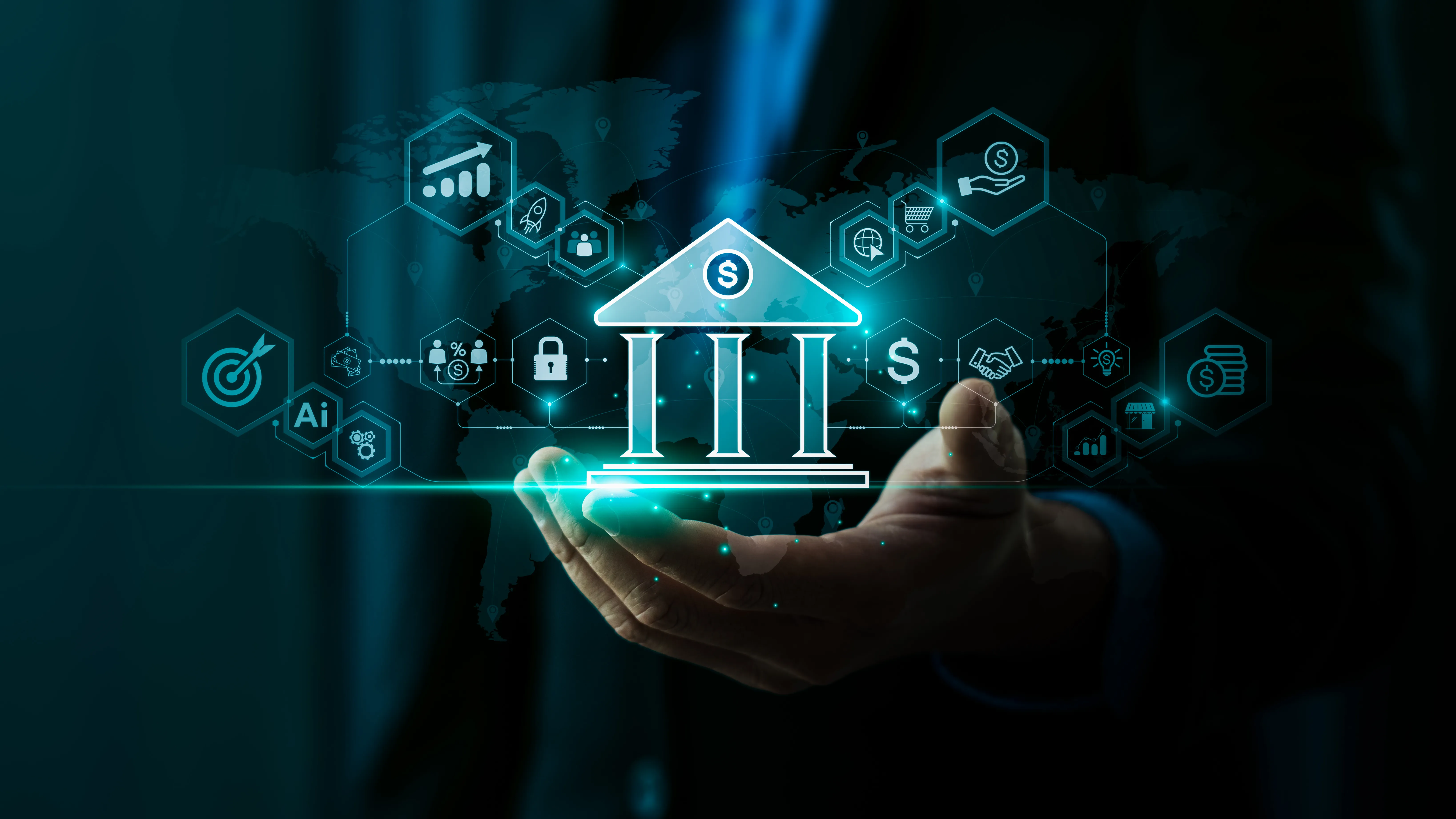 Digital banking icons above an open hand