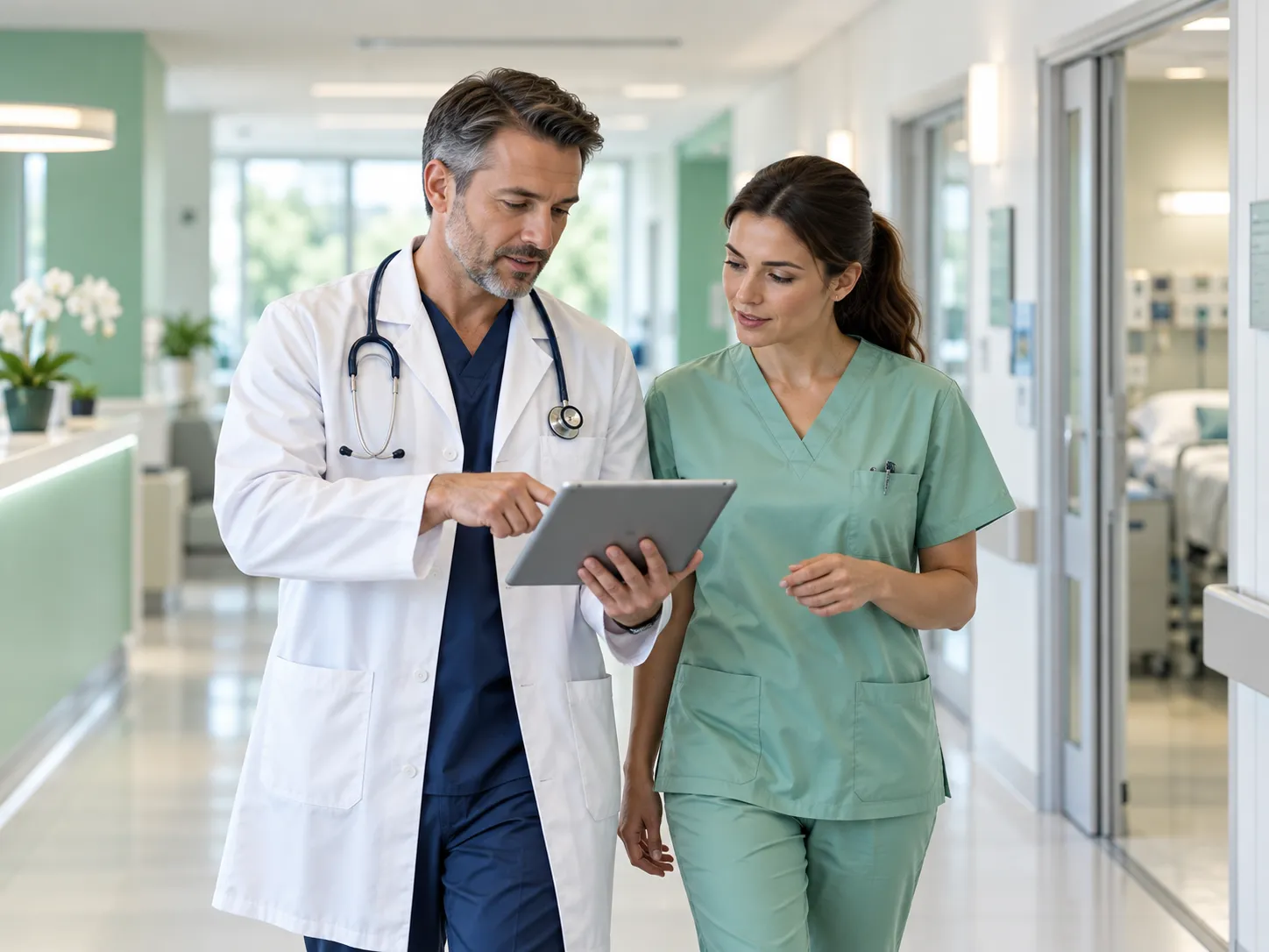 Doctor and nurse reviewing a tablet in a hospital
