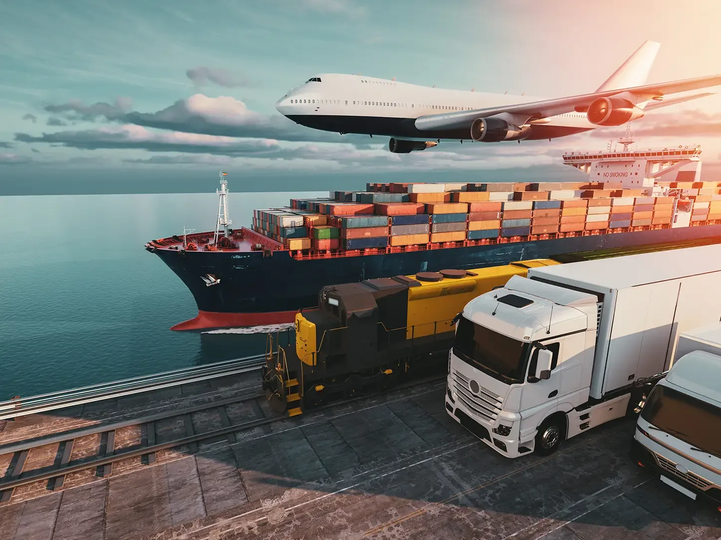 Ship, plane and truck moving freight