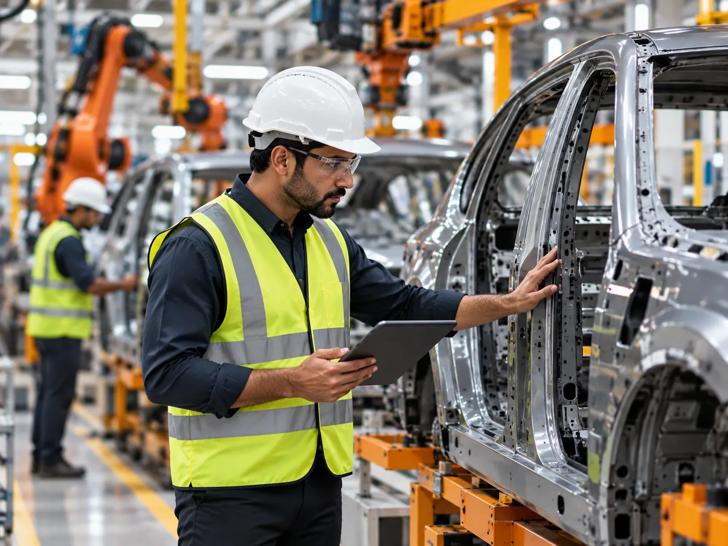 Engineer inspecting a car body on an automated line